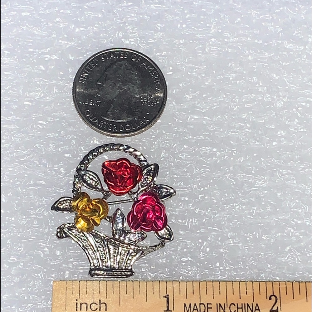 Red, Pink, & Gold Roses in Silver Tone Basket Brooch/Pin - Picture 6 of 16